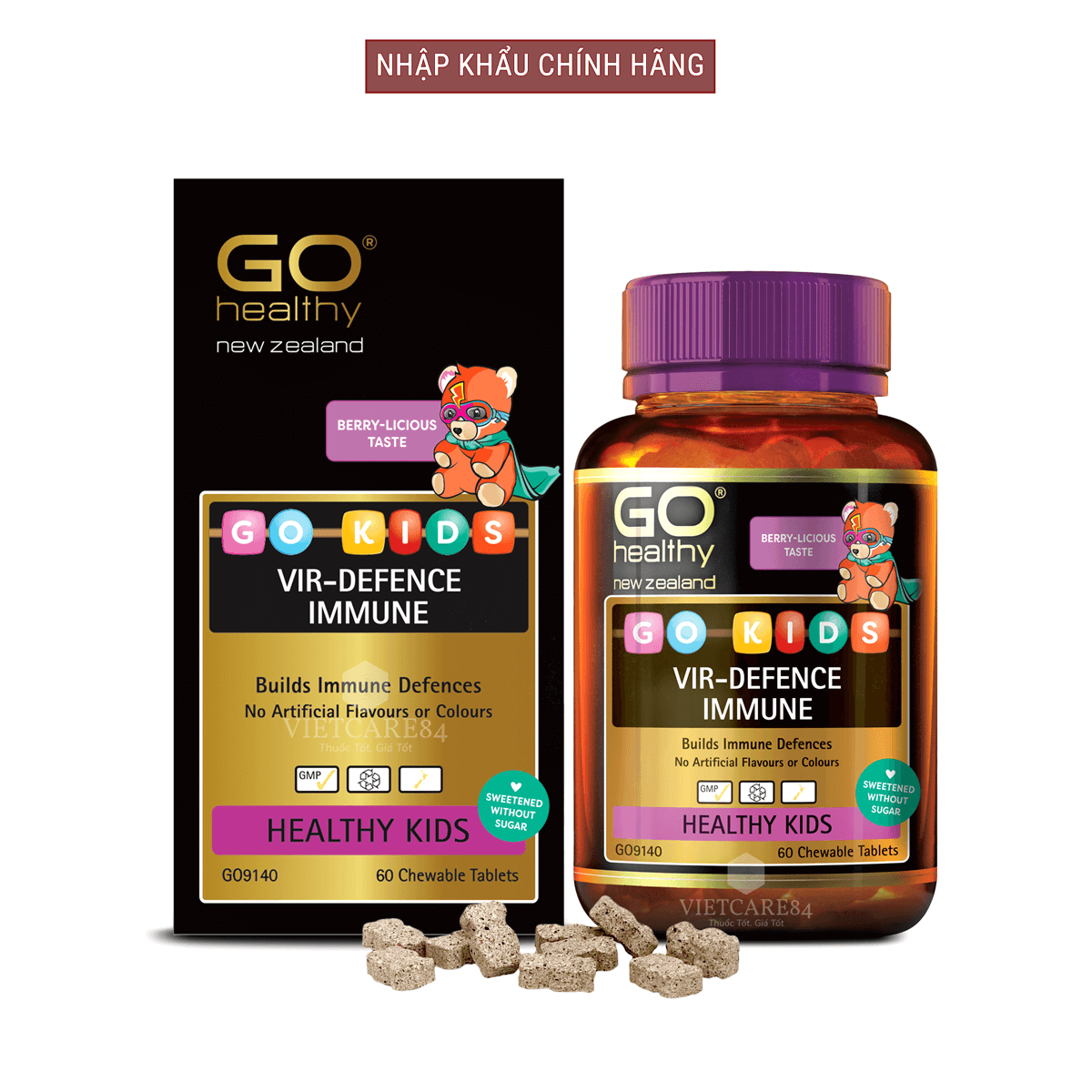 Viên nhai tăng sức đề kháng cho bé nhập khẩu chính hãng New Zealand GO KIDS VIR-DEFENCE IMMUNE   hỗ trợ tăng cường sức khỏe, tăng sức đề kháng; giảm tình trạng mệt mỏi hay ốm vặt ở trẻ em
