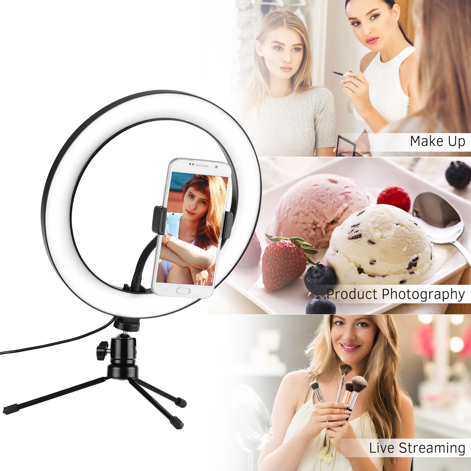 Đèn LED vòng 10 inch Chụp ảnh 3 chế độ chiếu sáng USB có thể điều chỉnh Được hỗ trợ với giá đỡ điện thoại Máy tính để bàn mini