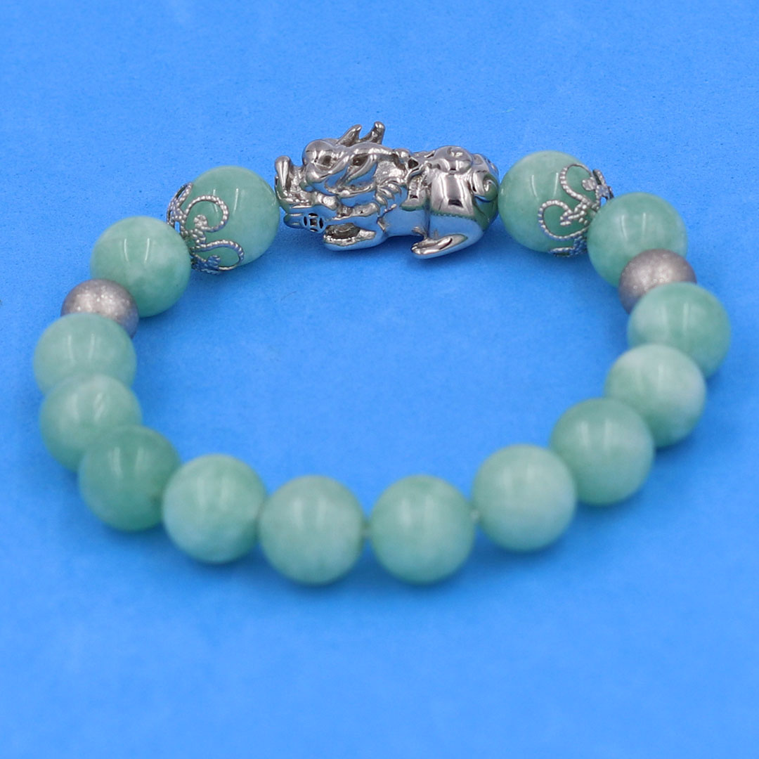 Vòng chuỗi đeo tay đá ngọc phỉ thuý 10 ly charm tỳ hưu inox, bi inox, khía bông inox, vòng tay phong thuỷ, vòng tay tỳ hưu