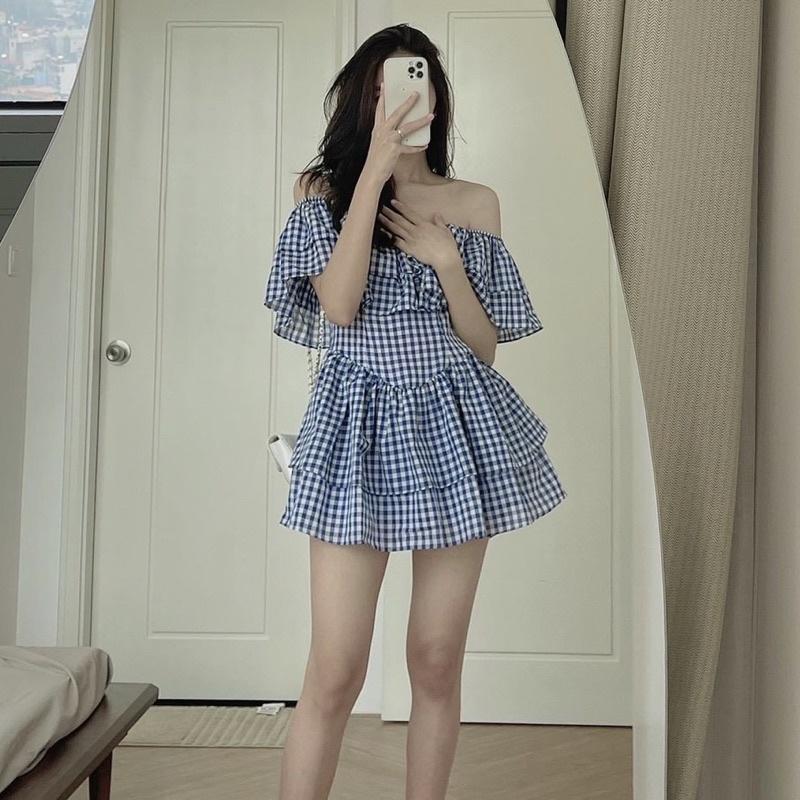 Đầm Bẹt Vai Caro Xanh Bèo Váy Xoè Tầng Siêu Xinh