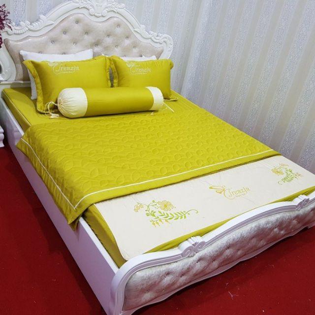 Combo 7 Món Chăn Ga Gối Satin Cotton Hàng cao cấp Đủ Kích Thước Màu xanh cốm