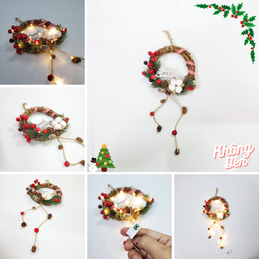 Vòng Hoa Noel VN03 15cm Vòng Nguyệt Quế Giáng Sinh Có Đèn
