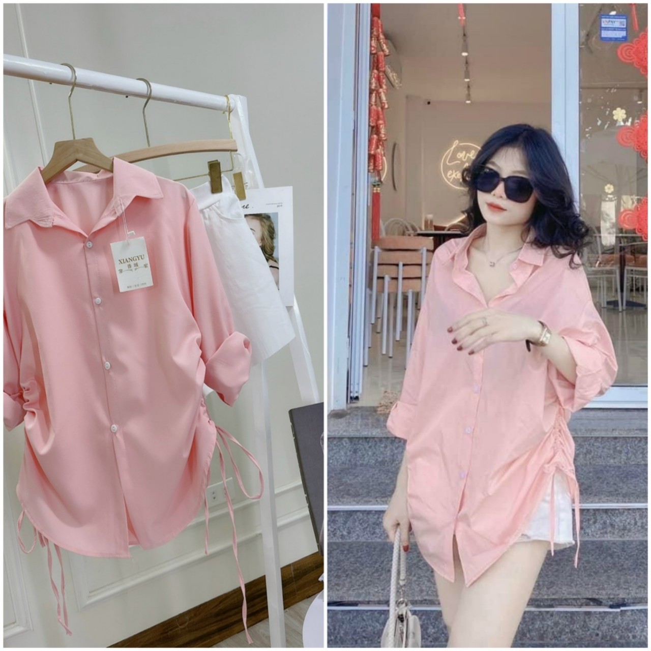 Combo Set Áo Sơ Mi Nữ Rộng Unisex Tay Dài Thụng , Rút Eo Phối Quần Sooc Thun Kaki Trắng Siêu Xinh
