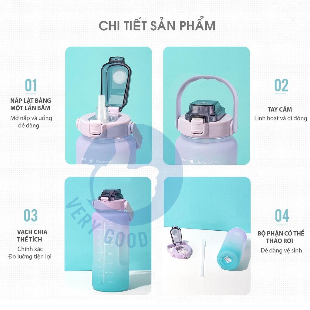 Bình đựng nước 2L dễ thương chia vạch báo giờ nhắc uống nước tập thể thao,tặng Sticker bình nước 2lit có ống hút tiện lợi