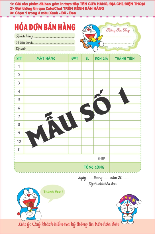 Hoá đơn bán hàng in màu 1 liên-Block 2 quyển-chọn mẫu in tên