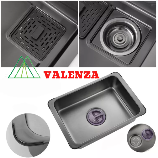 Combo chậu rửa chén bát 1 hố lớn Valenza size 7846 sus304 nano đen kháng khuẩn kèm vòi rửa bát nano Vuông Valenza sus304, bộ xả to ngăn mùi, khay inox kín-TẶNG BÌNH NƯỚC RỬA CHÉN