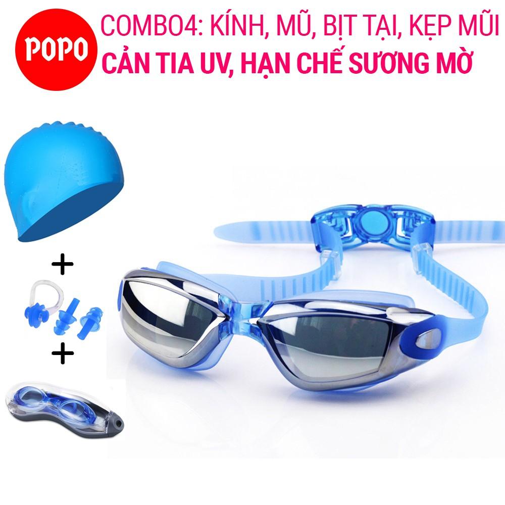 Combo Kính bơi tráng gương Mũ bơi Bịt tai kẹp mũi POPO 2360 mắt kính bơi thể thao cản tia UV, hạn chế sương mờ