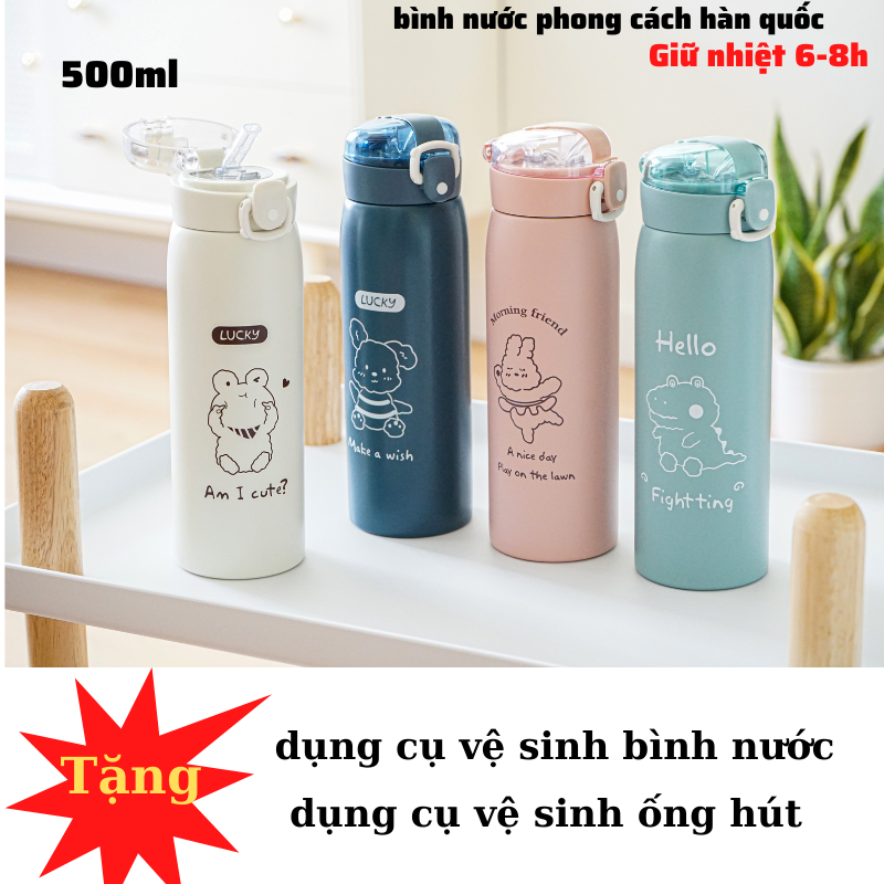 Bình giữ nhiệt họa tiết hình gấu cute dung tích 500ml inox 304 không gỉ