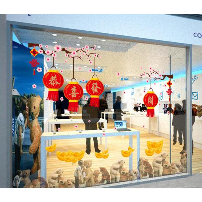 Decal trang trí Tết - Lồng đèn đỏ và nén Vàng chúc Xuân