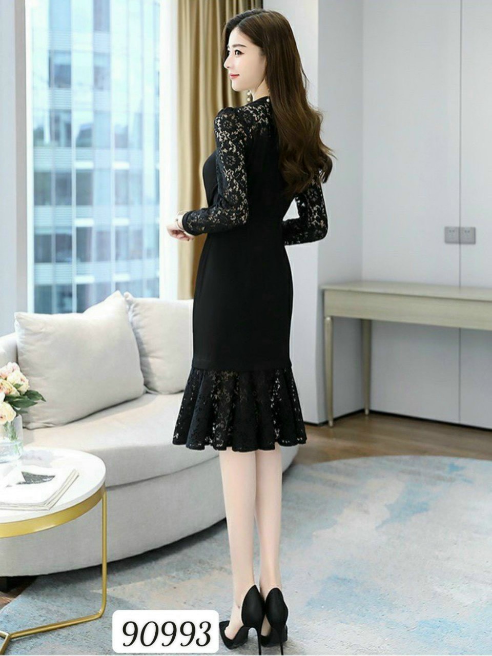 ĐẦM UMI PHỐI REN CỔ TIM D90993