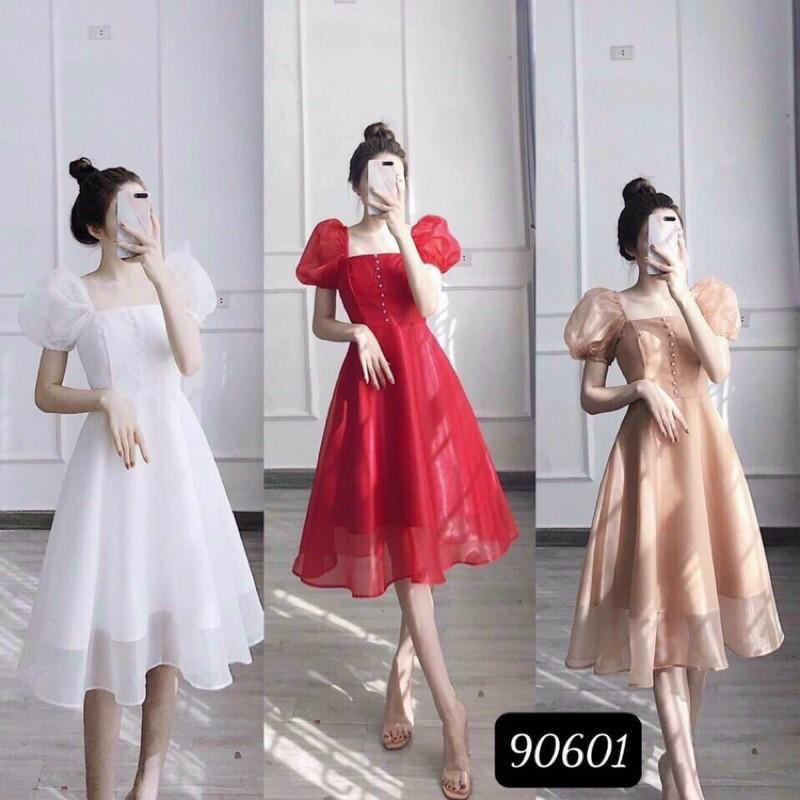 Đầm big size dáng xòe đi dự tiệc voan kiếng xoè cổ vuông tay phồng có mút ngực (Free/big size XL, 2XL) THÍCH HỢP ĐI CHƠI, DẠO PHỐ