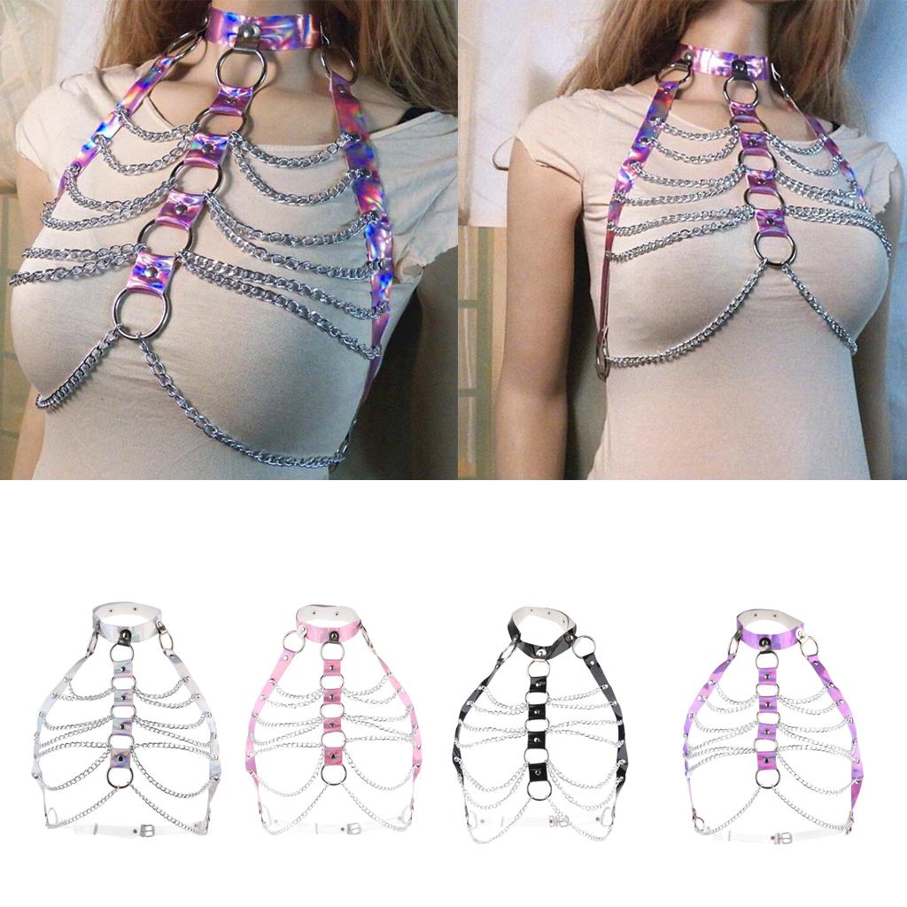 Women PU Leather Adjustable Body Chest Harness Belt Choker Necklace