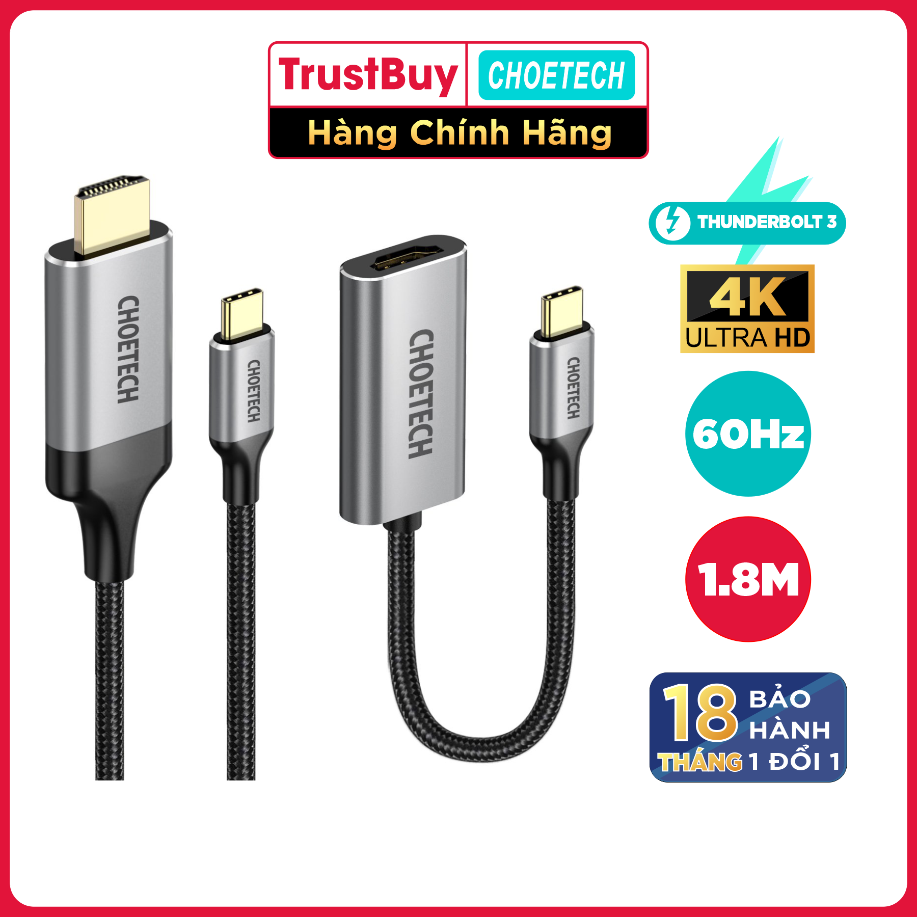 Bộ Cáp Type C to HDMI Phân Giải 4K 60Hz Dài 1.8M Kèm Đầu Chuyển C to HDMI Thunderbolt 3 CHOETECH CH0033-BK - Hàng Chính Hãng