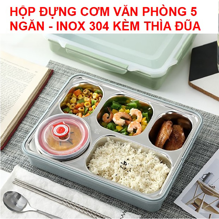 Hộp Cơm Văn Phòng 5 Ngăn Inox 304 Giữ Nhiệt Chống Tràn Có Giá Điện Thoại Tặng Thìa Đũa Cao Cấp