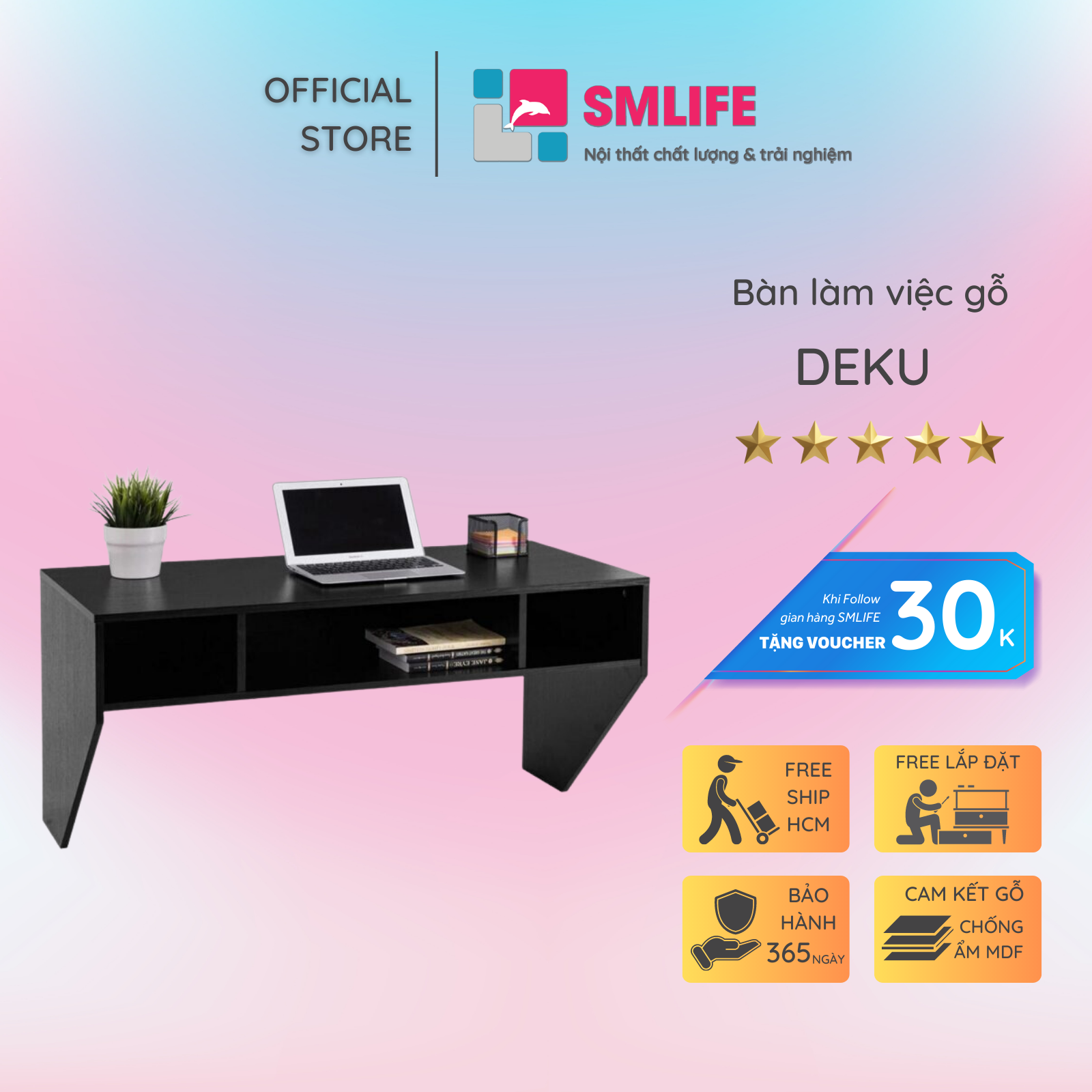 Bàn làm việc, bàn học gỗ hiện đại SMLIFE Deku | Gỗ MDF dày 17mm chống ẩm | D105xR50xC50cm