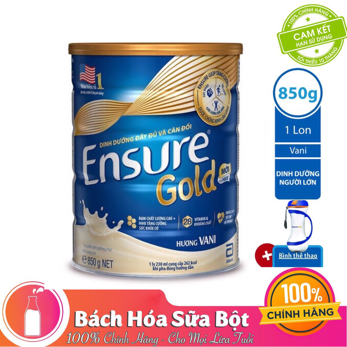 Sữa Bột Abbott Ensure Gold ESLA Dinh Dưỡng Đầy Đủ Và Cân Đối (850g) - Tặng Bình thể thao