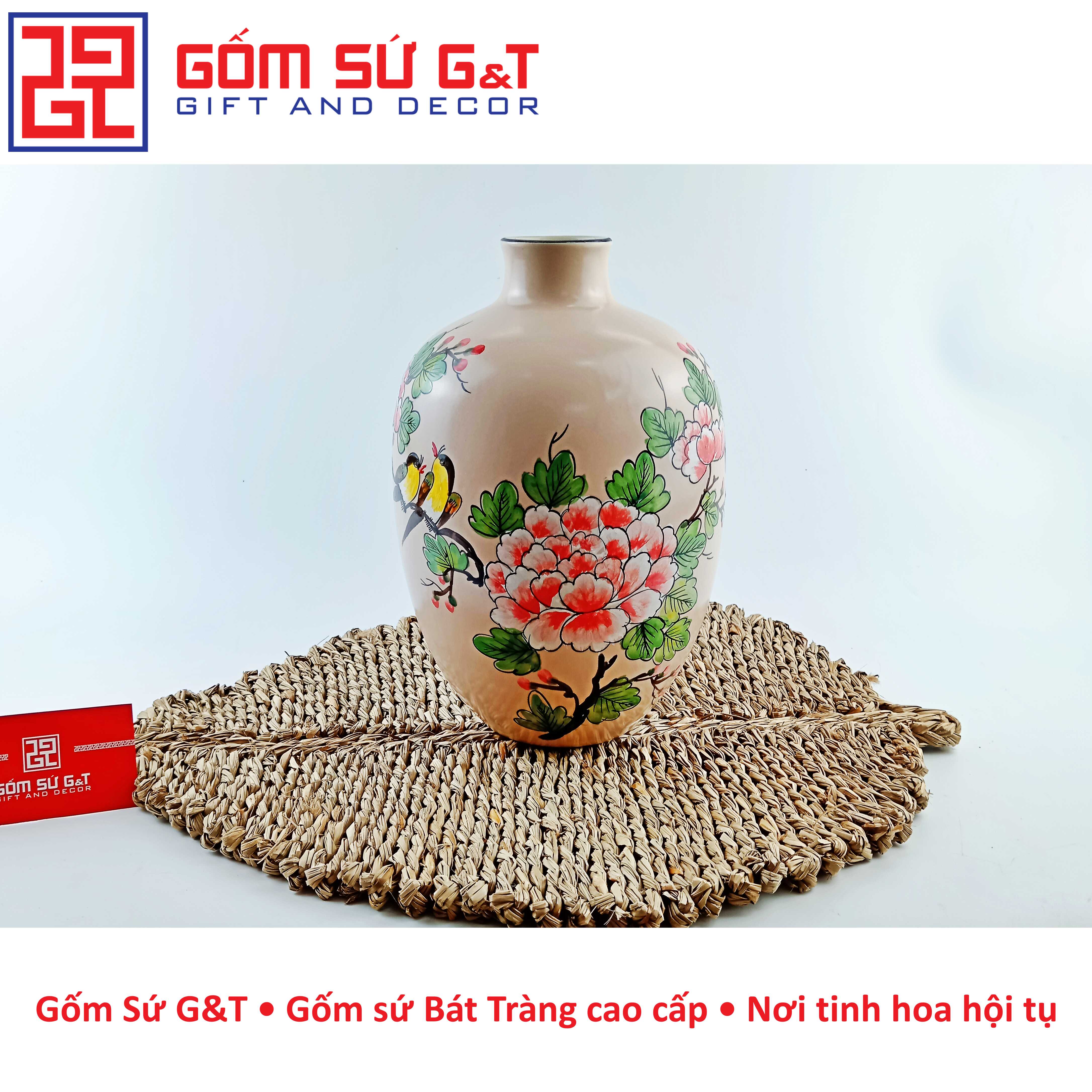 Lọ hoa dáng đèn lồng miệng nhỏ vẽ chim hoa phù dung Gốm Sứ G&amp;T