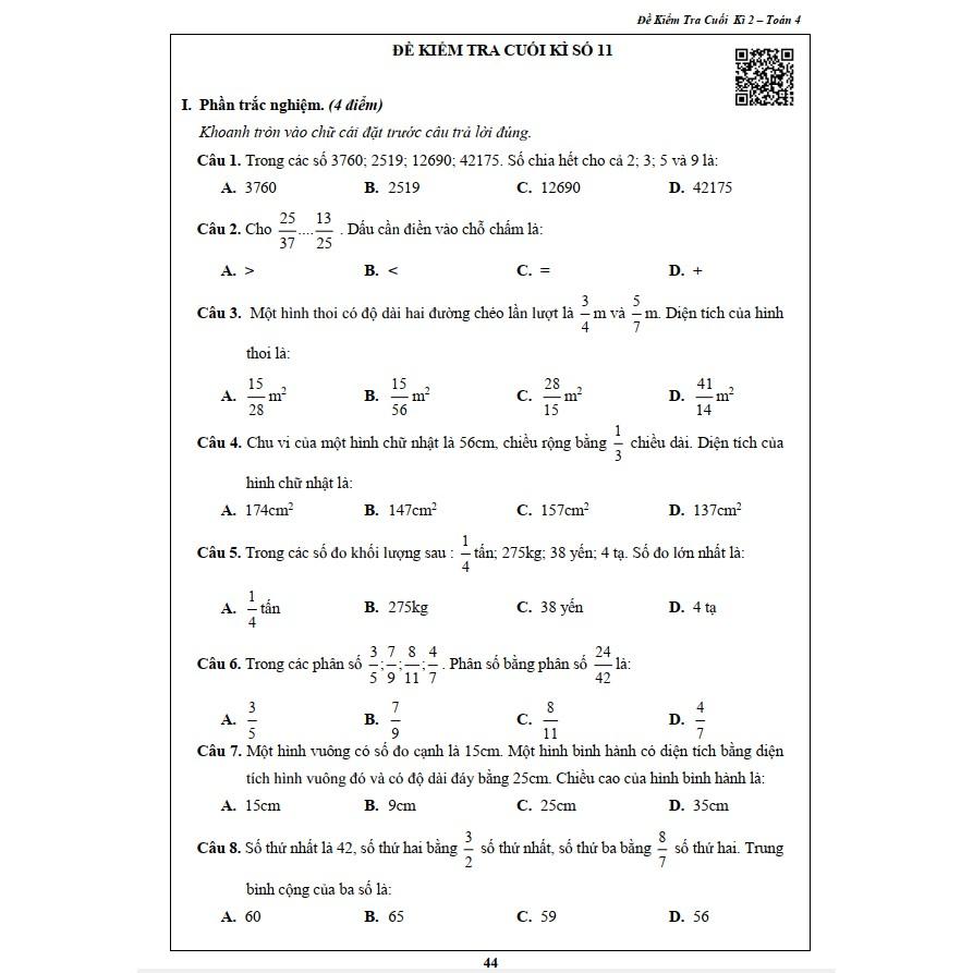 Sách - Đề Kiểm Tra Toán 4 - Học Kì 2 (1 cuốn)