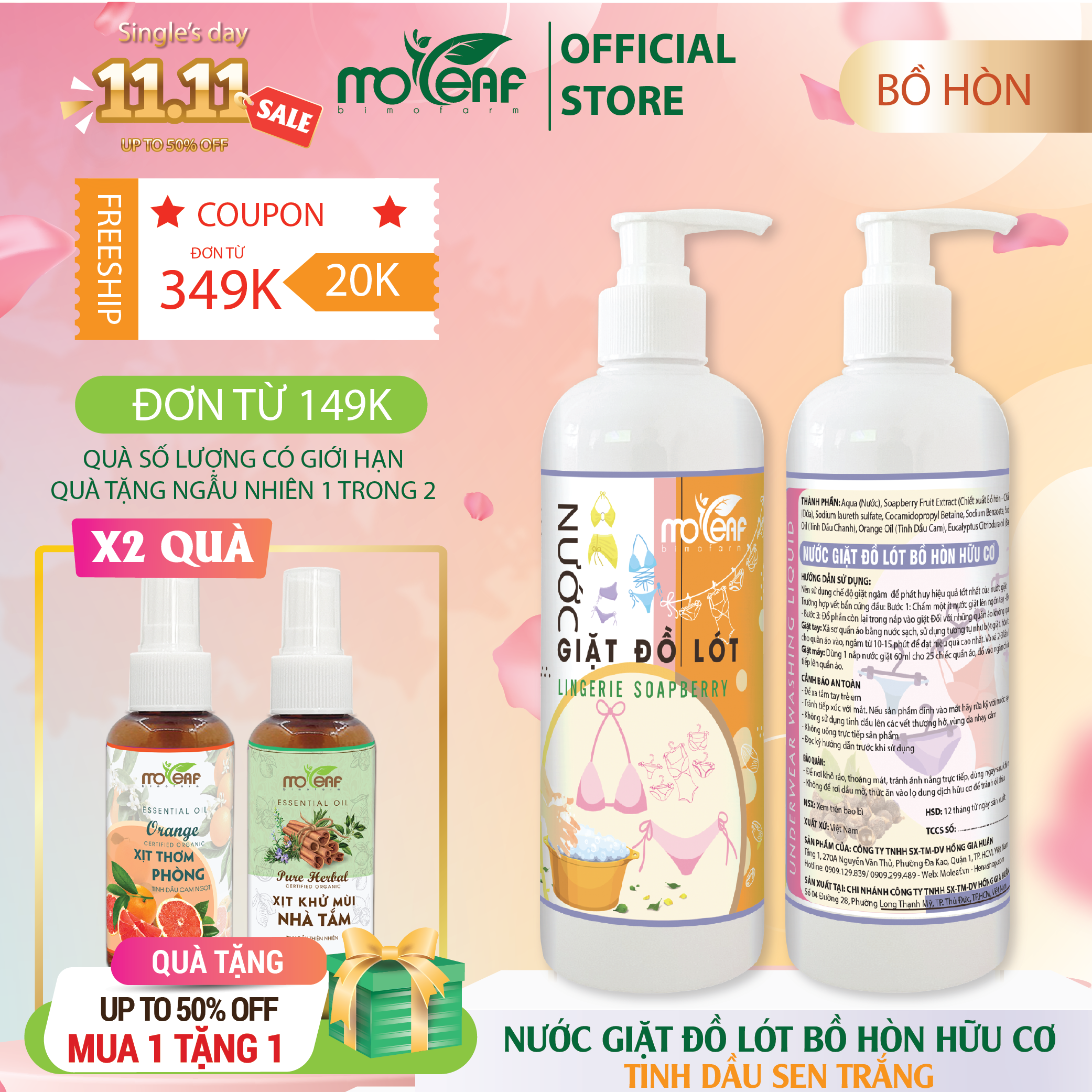 Nước Giặt Đồ Lót Bồ Hòn Hữu Cơ Moleaf Tinh Dầu Sen Trắng 500ml. Khử mùi diệt khuẩn mềm mại với da tay, bảo vệ cấu trúc vải