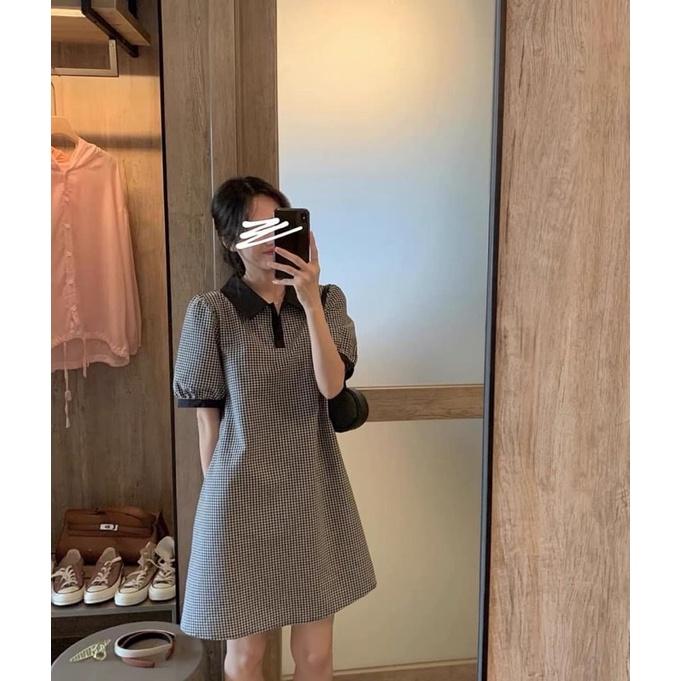 Đầm công sở trẻ trung sọc caro cổ sơ mi, váy dự tiệc phong cách Hàn Quốc chất liệu mềm mịn cao cấp
