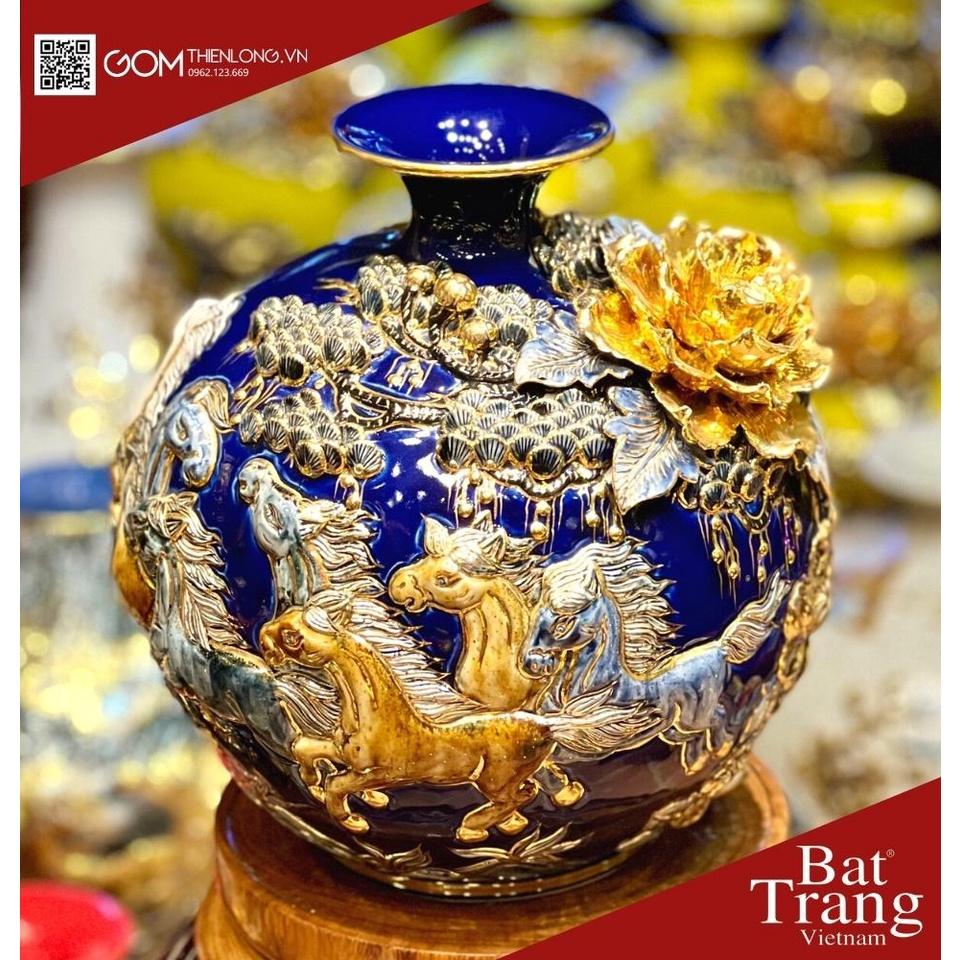 Bình Hút Lộc Mã Đáo Thành Công Màu Xanh Tím -Vẽ Vàng Đắp Nổi Hàng Kỹ -Bình Tài Lộc Bát Tràng -Gốm Thiên Long