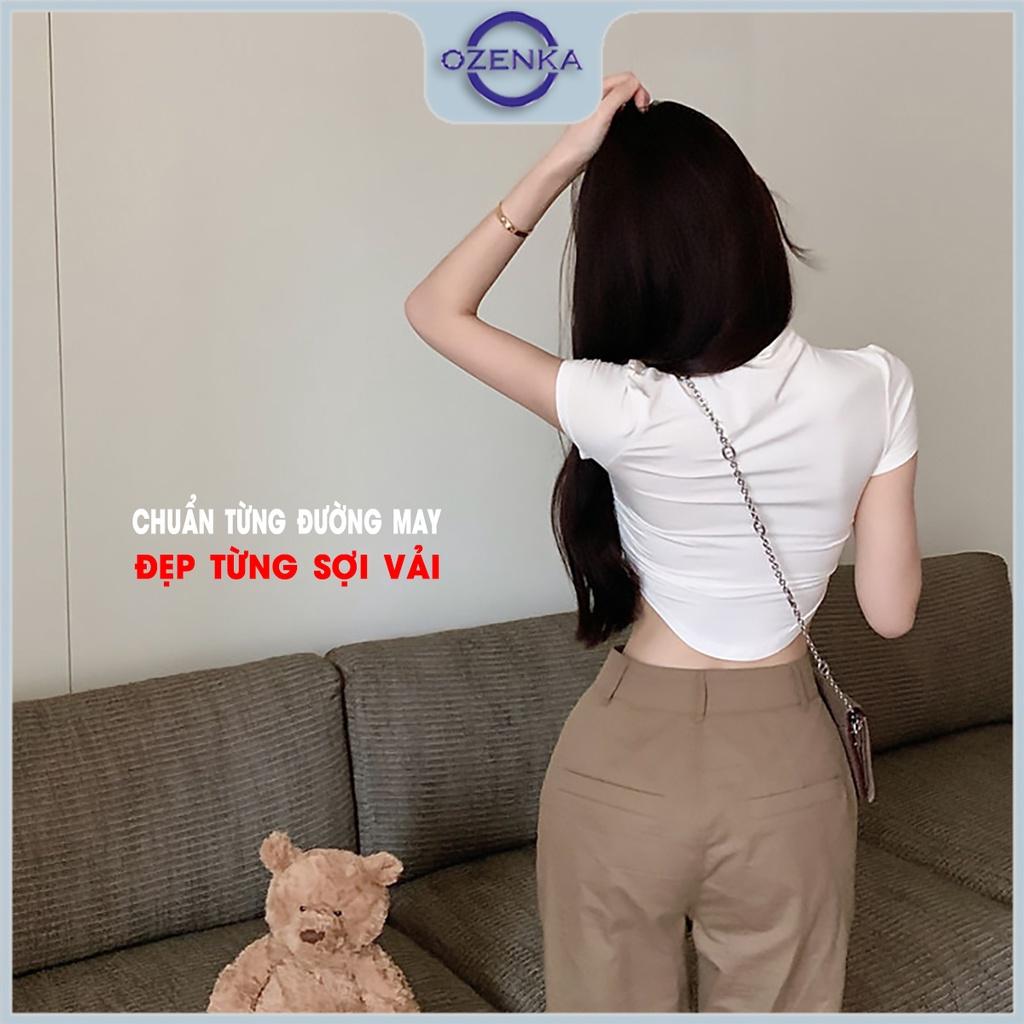 Áo croptop cổ lọ vạt bầu nhún eo tay ngắn nữ Ozenka , áo crt ôm body đen trắng dưới 55 cân