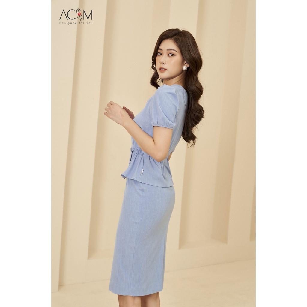 Đầm peplum chun eo AC&M chất liệu tuytsy xước nhật co giãn - màu xanh dương nhạt