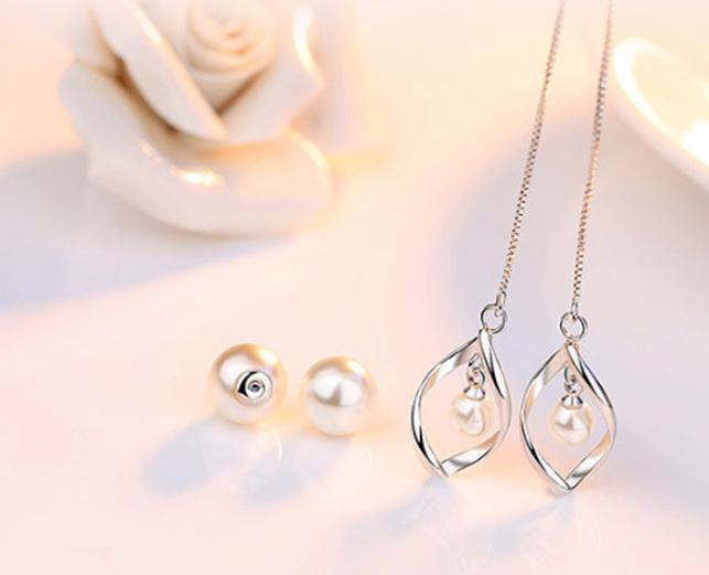 Bông tai dài 2 ngọc trai lượn sóng BHBT118