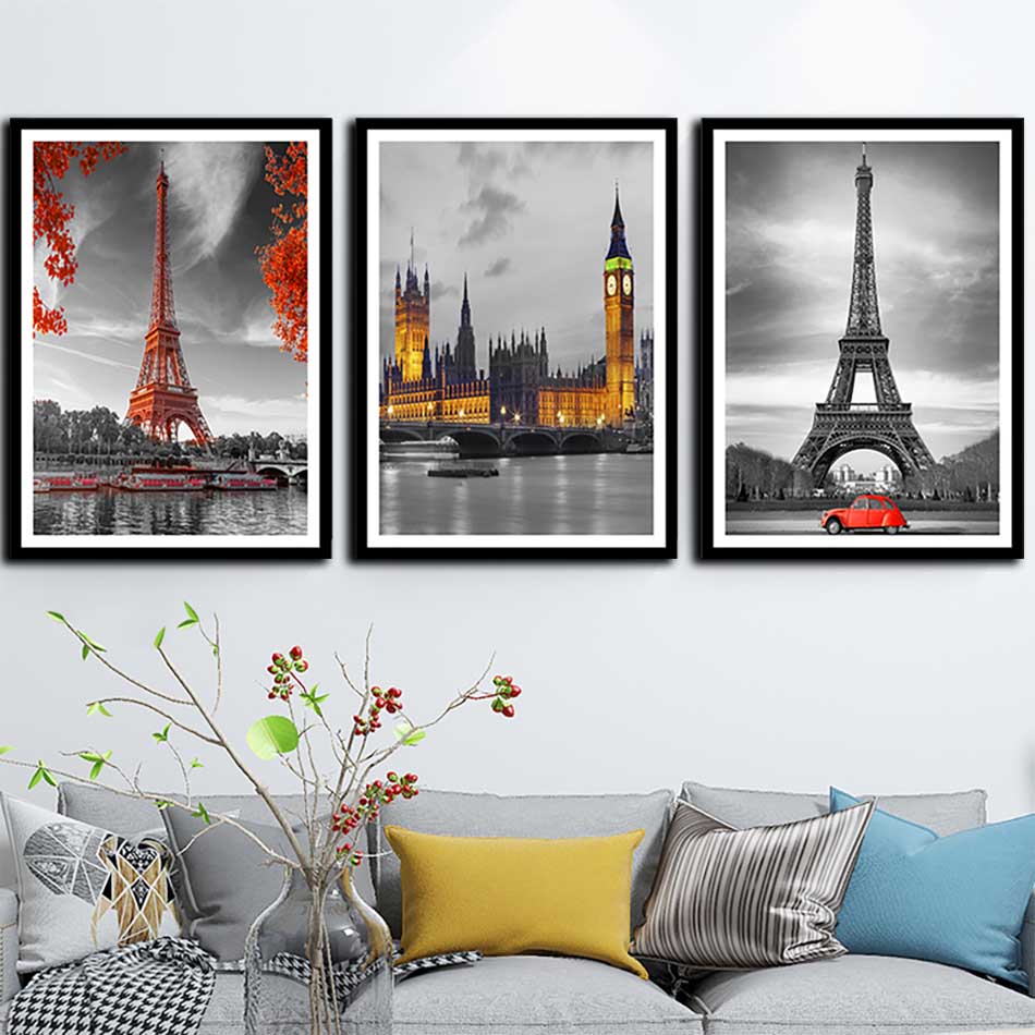 Bộ 3 tranh canvas treo tường Decor PARIS cổ điển và hiện đại - DC106