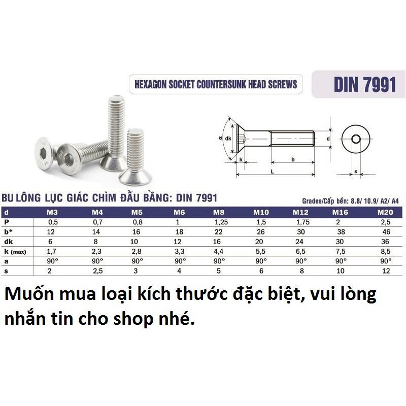 (Combo 10con) Bu lông M4/M5/M6/M8 lục giác chìm INOX đầu bằng