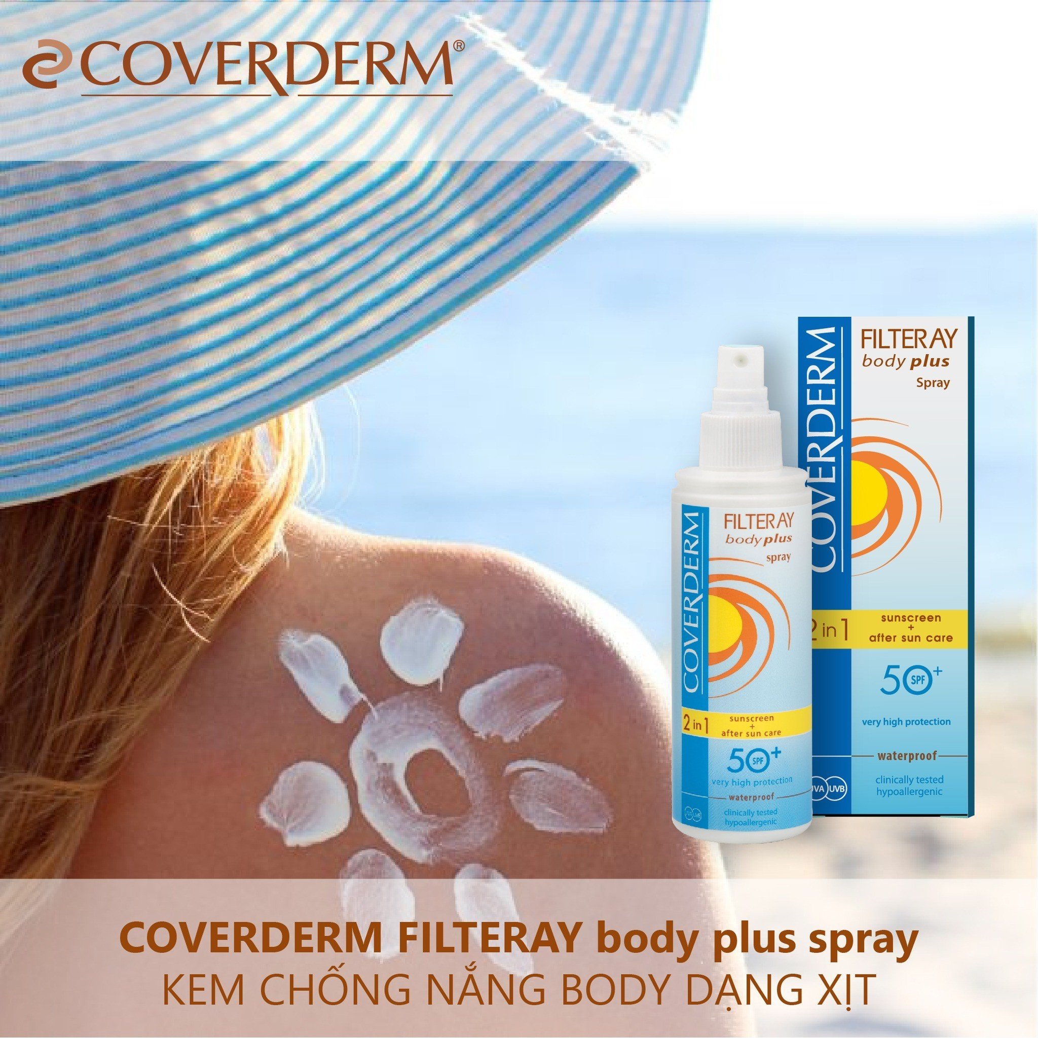 Kem Chống Nắng, Dưỡng Da Toàn Thân Dạng Xịt Coverderm Filteray Body Plus Spray SPF50+, Chống Nước, Bảo Vệ Da Suốt Ngày Dài 150ml