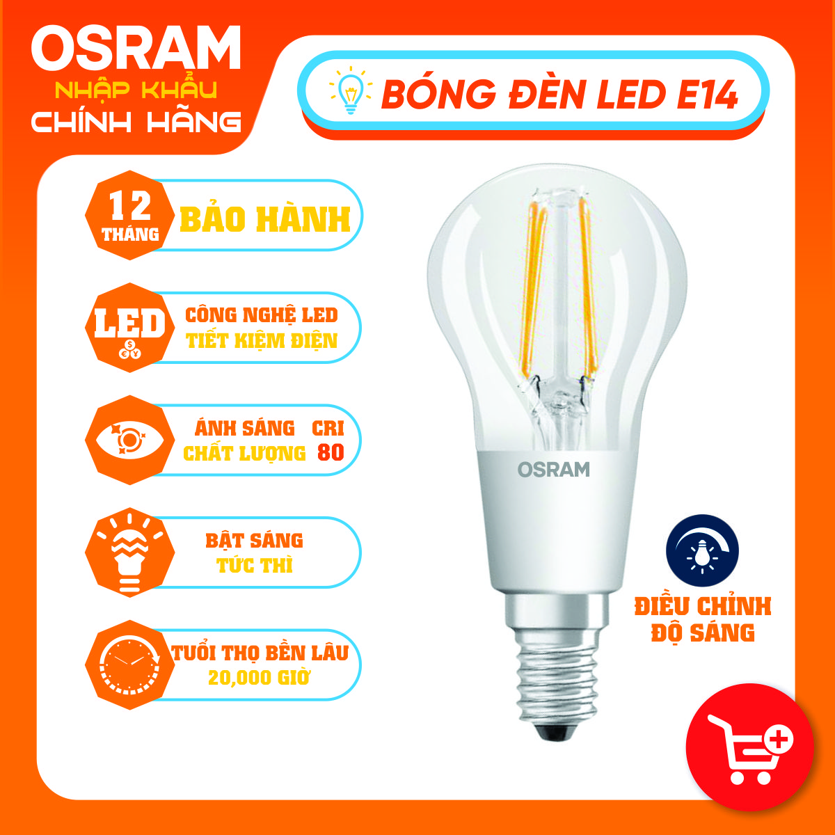 Bóng đèn LED PARATHOM DIM CLASSIC B40 4.5W đui đèn E14 DIMMABLE OSRAM - Ánh sáng (Vàng 2700K)