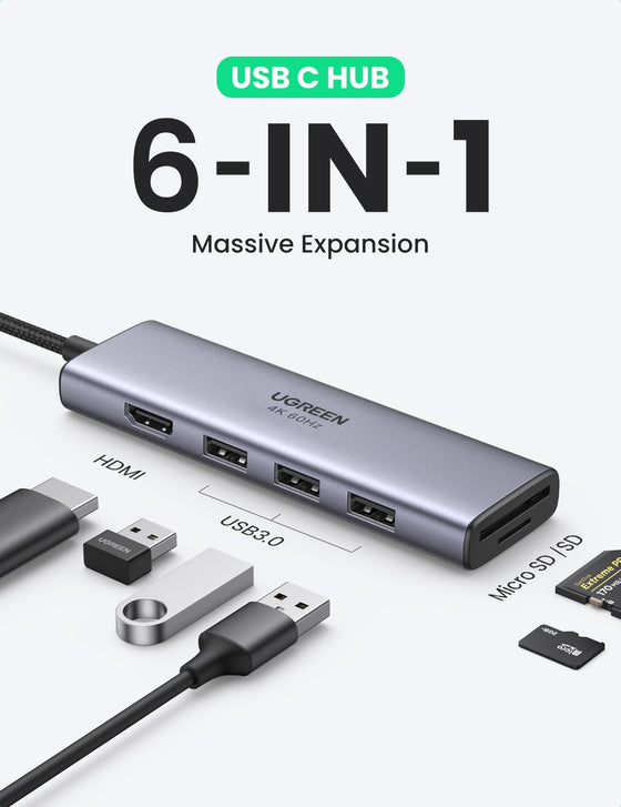 70410 Bộ chuyển đổi 6 trong 1 USB typeC sang HDMI 4K30HZ, 3 USB 3.0, đọc thẻ SD, TF Ugreen - hàng chính hãng