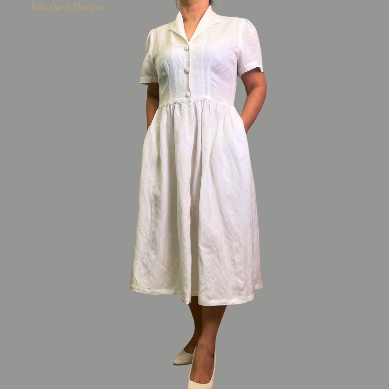 Đầm xoè linen cổ cánh én trung niên ,độ bền cao ,mát mịn,thấm hút mồ hôi,may viền tỉ mỉ,sản xuất độc quyền tại Kiều Oanh Designer