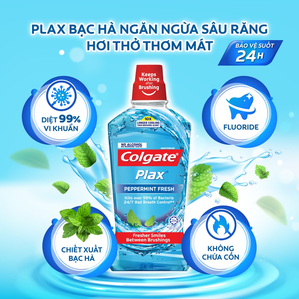 Bộ đôi nước súc miệng Colgate diệt 99% vi khuẩn Plax bạc hà 500ml/chai