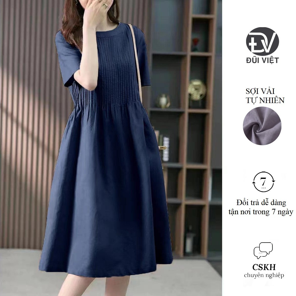 Váy Đầm Nữ Thiết Kế Cao Cấp Cổ Tròn Dáng Suông Tôn Dáng, Đầm Midi Chất Liệu Linen Thời Trang Đũi Việt