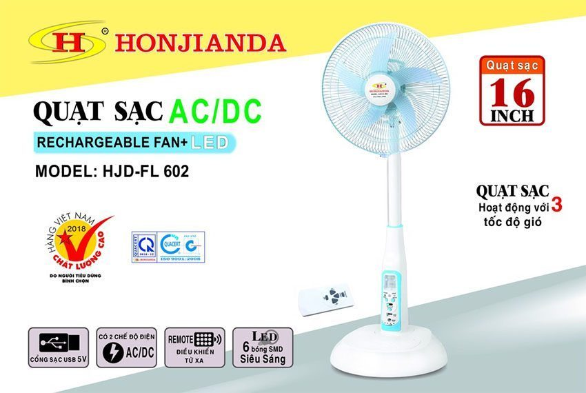 Quạt sạc tích điện Honjianda FL 601 - tích hợp đèn LED & cổng USB - có remote