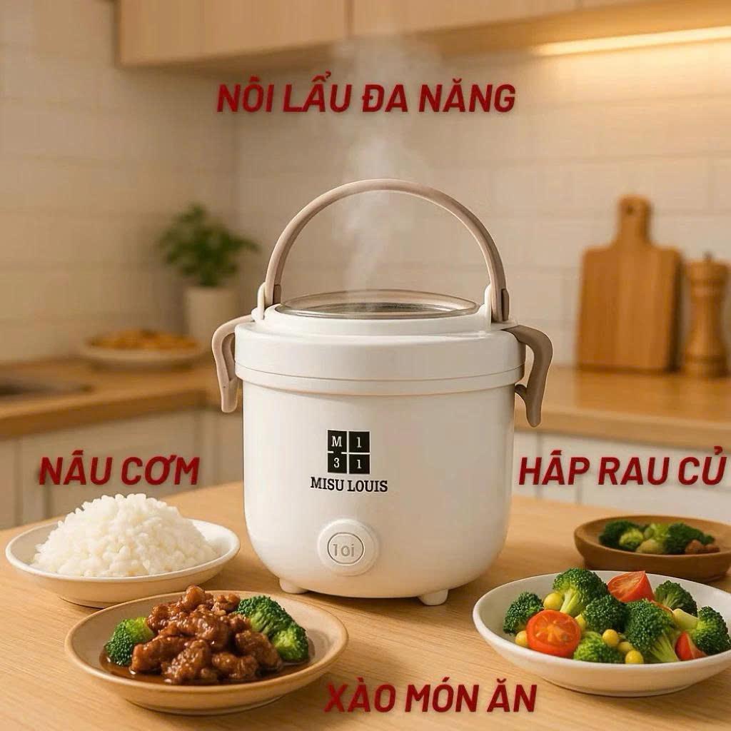 Nồi Lẩu Điện Đa Năng MISU LOUIS Kèm Giá Hấp Inox - Nồi Nấu Mini Chống Dính Cao Cấp Cho 1-2 Người Ăn