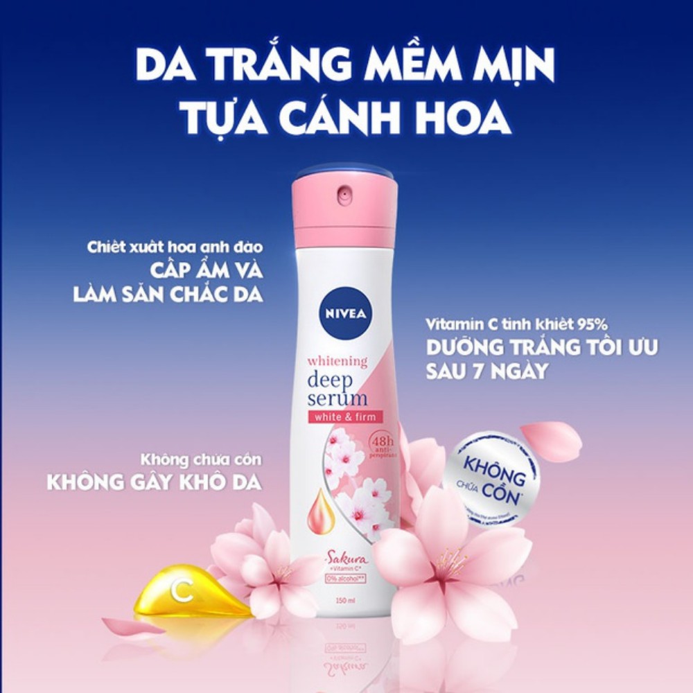 Bộ Đôi Xịt và Lăn Ngăn Mùi Nivea Serum Trắng Mịn Hương Hoa Anh Đào Sakura (150ml+40ml)