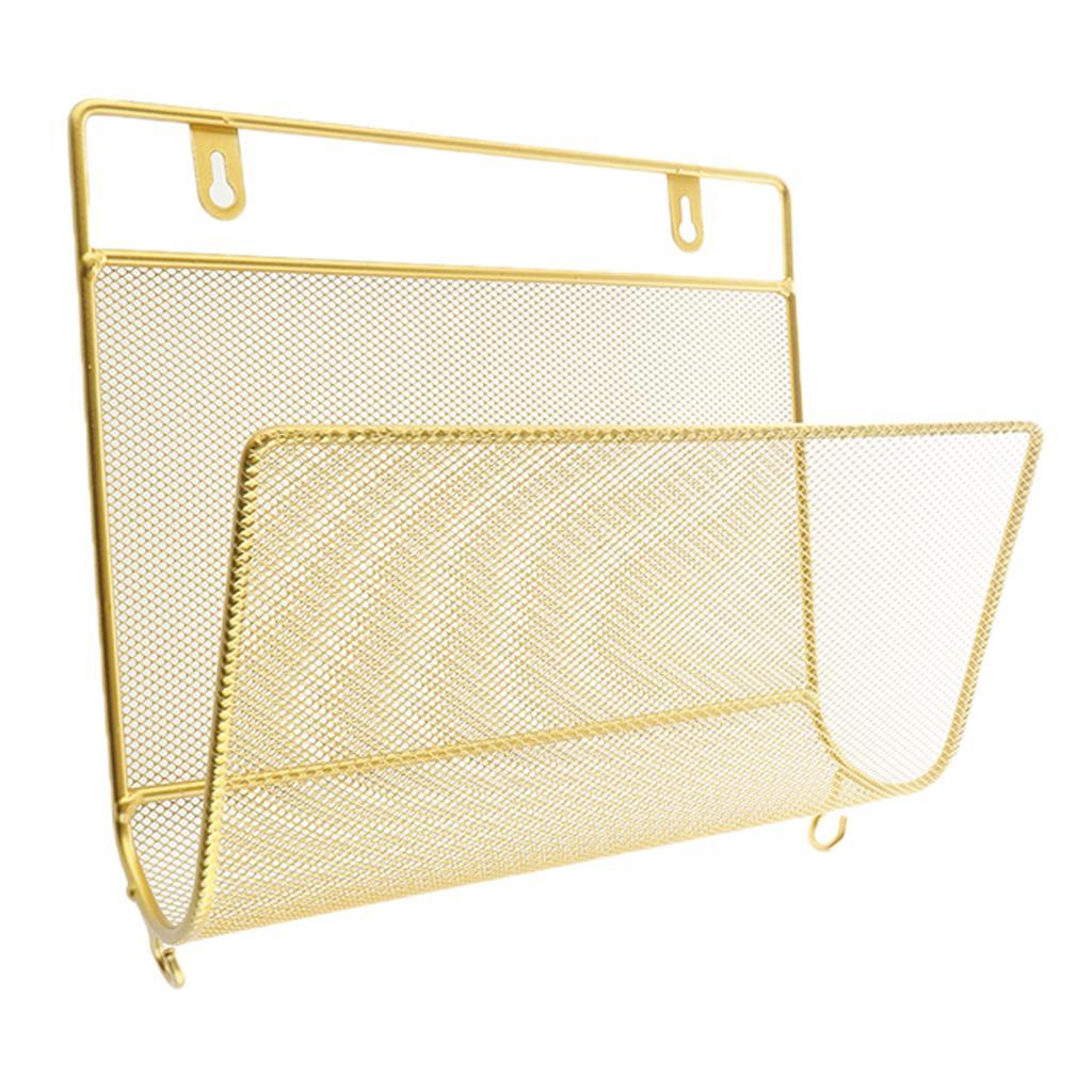 3X Wall Mount Metal Storage Basket Magazine Book Rack Shelf Holder Golden