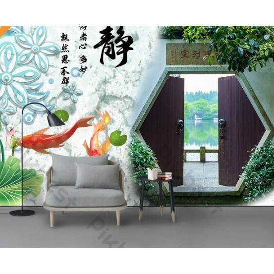 Tranh dán tường Tranh hoa mẫu đơn và đàn cá chép vui vẻ, tranh dán tường 3d hiện đại MS992587