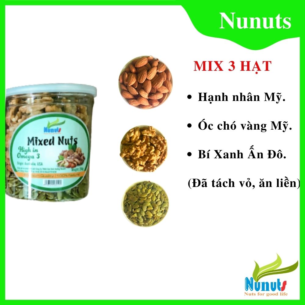 MIX HẠT DINH DƯỠNG NUNUTS 3 LOẠI (NHÂN ÓC CHÓ, BÍ XANH, HẠNH NHÂN) HŨ 250G