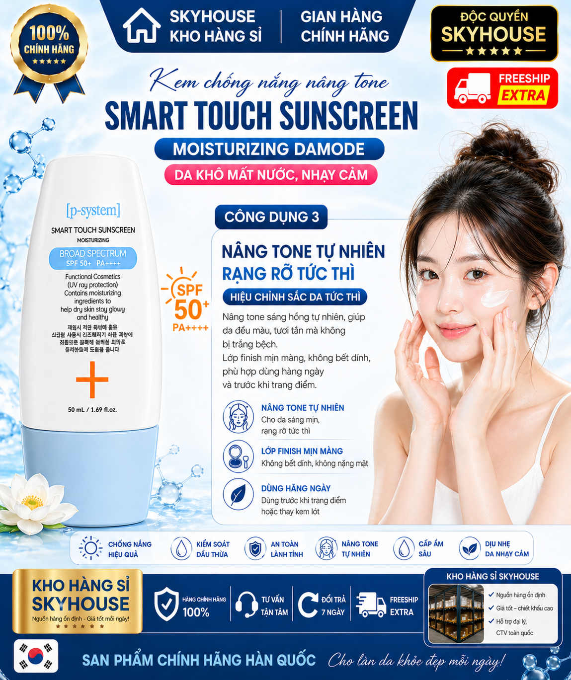 Kem chống nắng nâng tone SMART TOUCH SUNCREEN MOISTURIZING DAMODE chai 50ml da khô mất nước nhạy cảm chính hãng Hàn Quốc