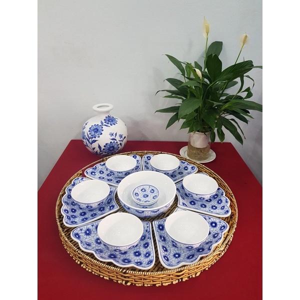 Bộ bát đĩa hoa mặt trời. Gốm sứ Bát Tràng.