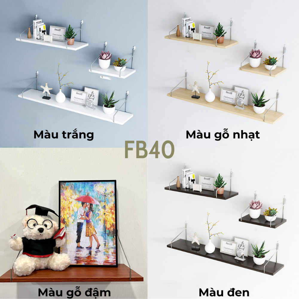 Kệ Trang Trí Treo Tường  Gỗ FIVO Mã FB40 Không Cần Khoan Tặng Kèm Đinh 4 Chân Chịu Lực Lên Đến 10KG Với Móc Treo Inox Dễ Dàng Gắn Lên Tường