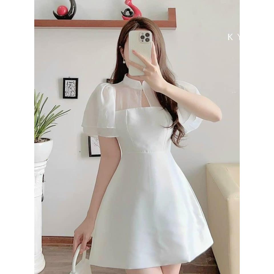 Váy đầm dáng xòe màu trắng cổ tàu chất liệu cotton lạnh phối voan thích hợp đi tiệc, dạo phố