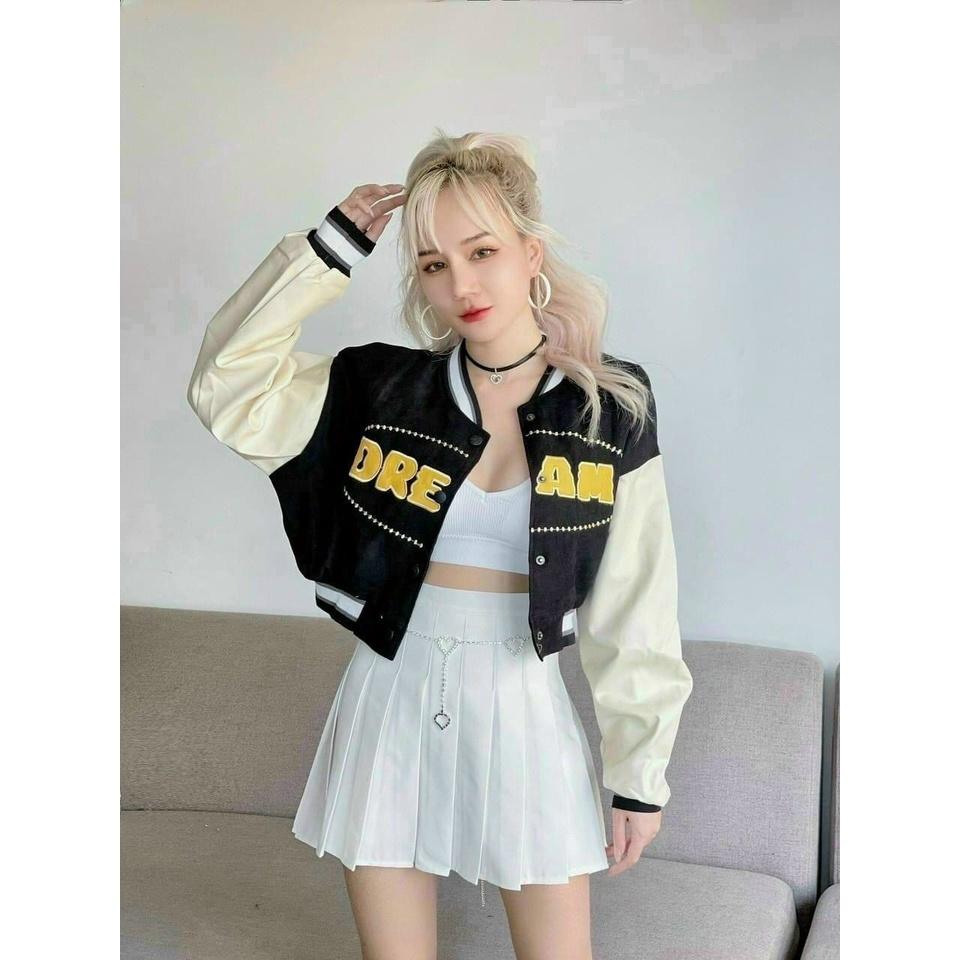 Áo khoác nữ chất da lộn 2 lớp cao cấp kiểu dáng bomber croptop LOGO thêu chữ nổi DREAM