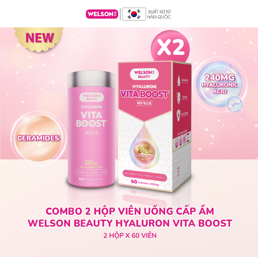 Combo 2 hộp viên uống Hyaluronic Acid cấp ẩm trắng da Welson Beauty Hyaluron Vita Boost 2 hộp x 60 viên