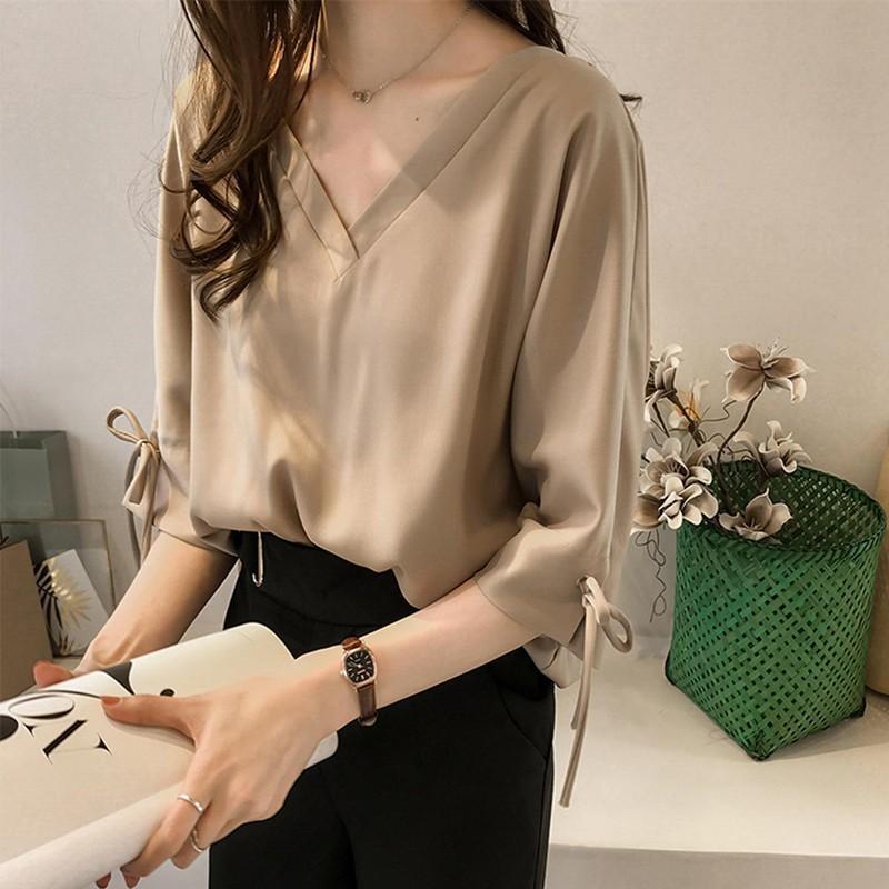 Áo thun kiểu vải voan màu trơn thiết kế cổ chữ V thanh lịch