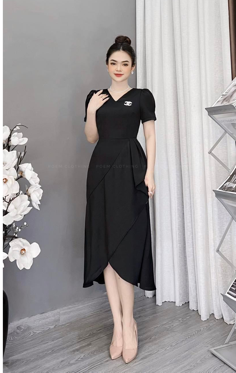Đầm phối bèo gắn phụ kiện xinh - D068- Khánh Linh style - Lady Fashion